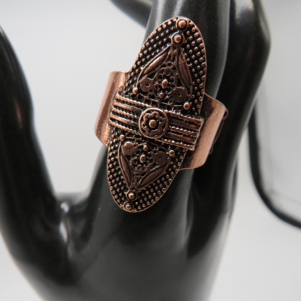 Antique Copper Tone Boho Shield Stretch Ring Size 7 Floral Beaded Statement